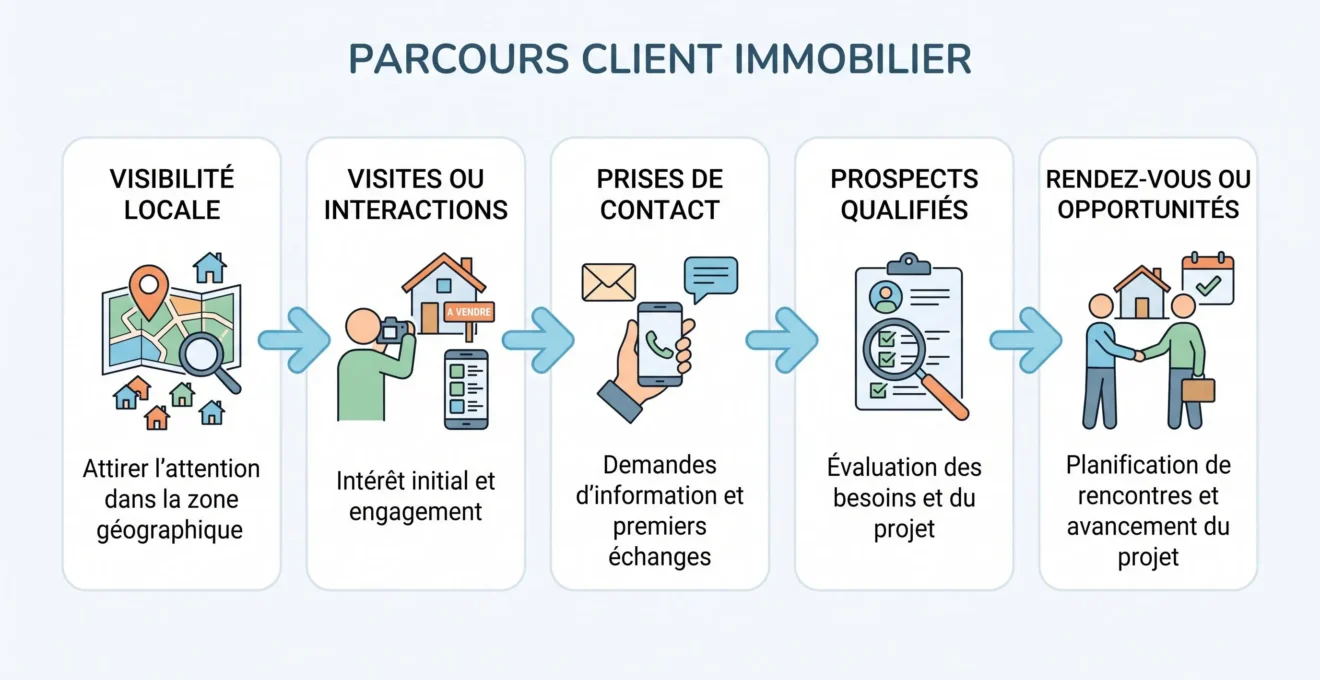 Schéma du parcours visibilité, visites, contacts, qualification et opportunités immobilières
