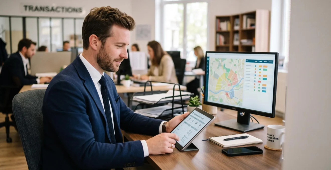 Agent immobilier suivant un prospect depuis son poste de travail